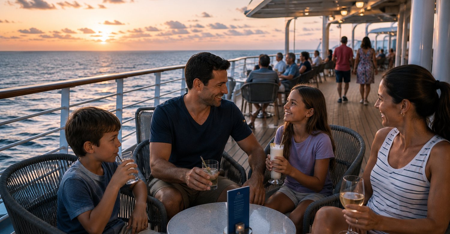 families relaxing on the open cruise deck at sunset