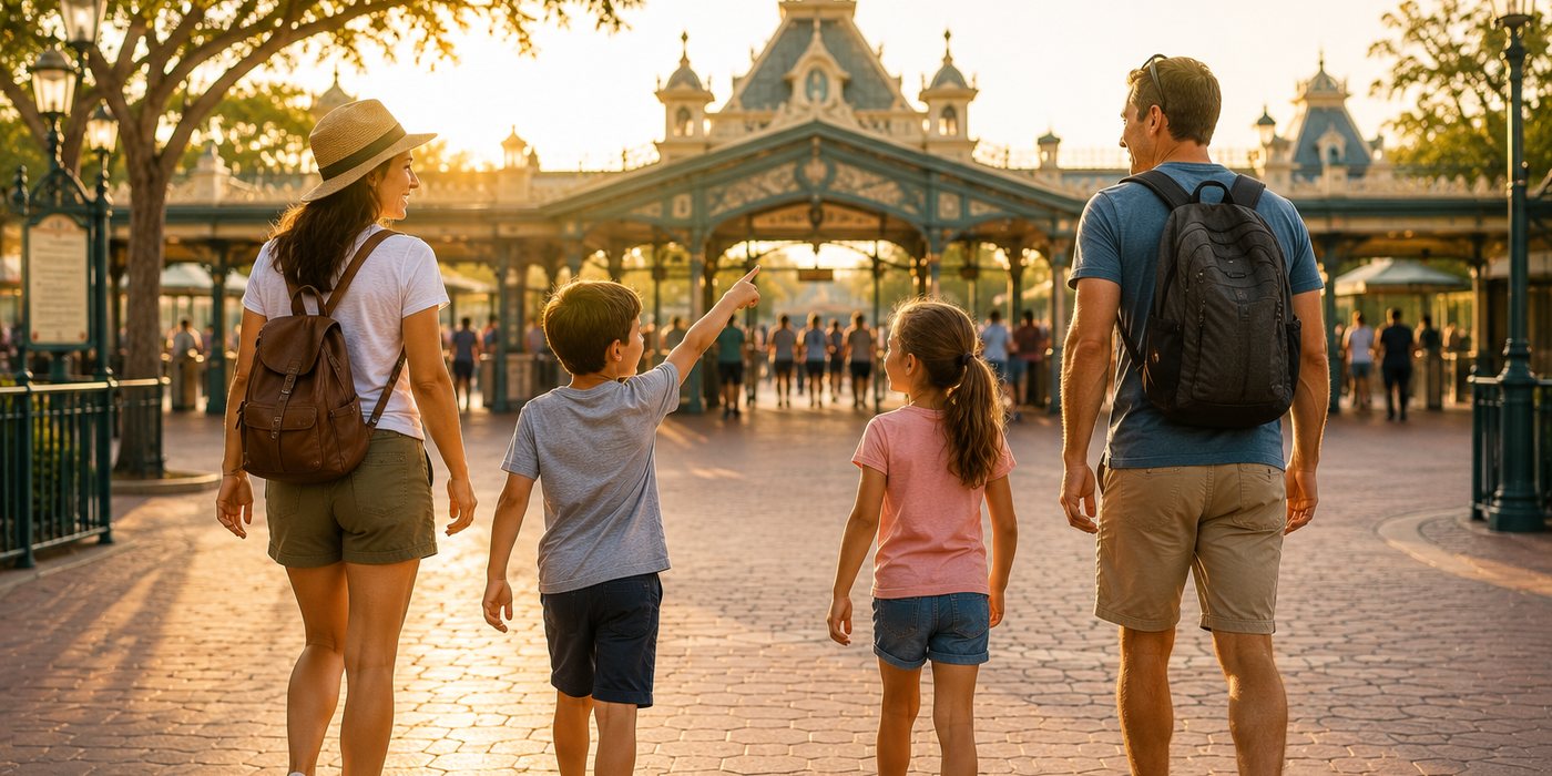 family at theme-park gates, morning