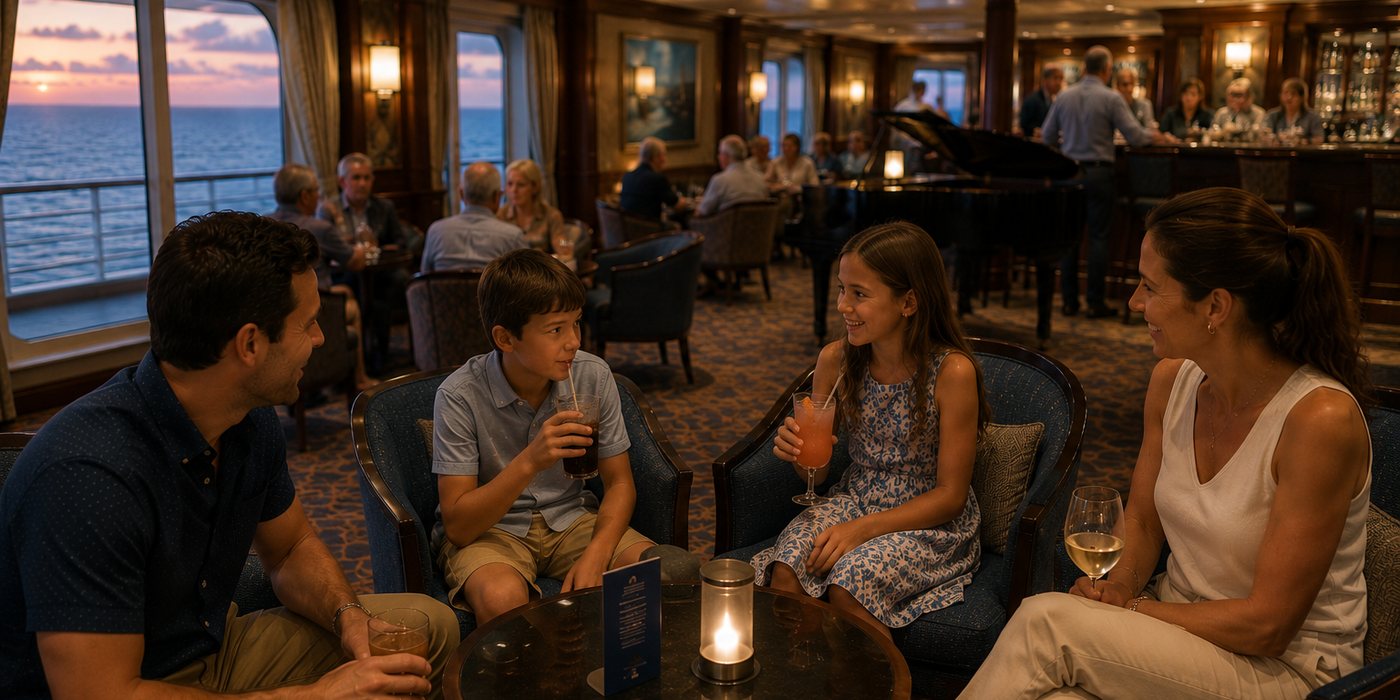 cozy ship lounge interior at sunset