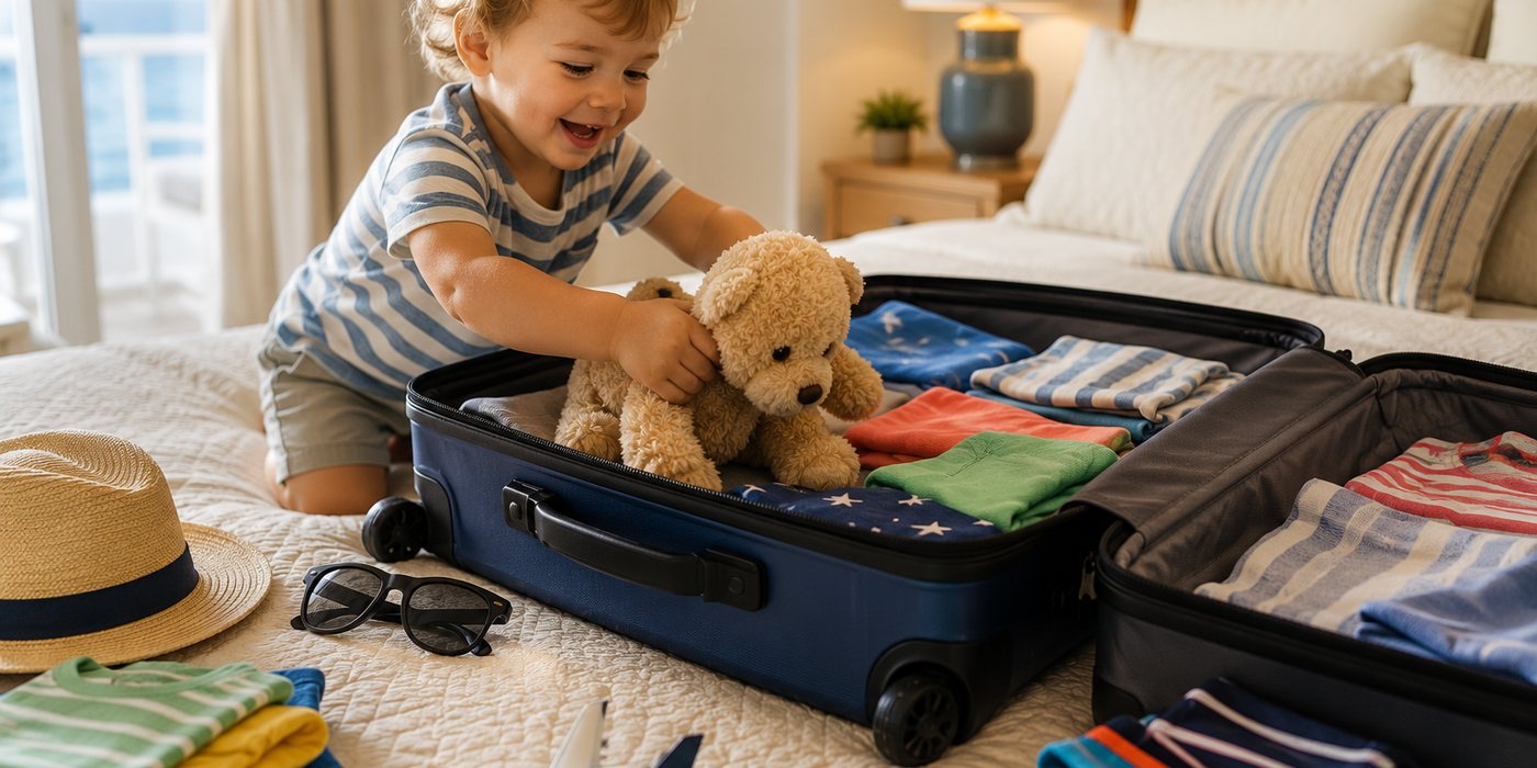 open suitcase, toddler "helping"